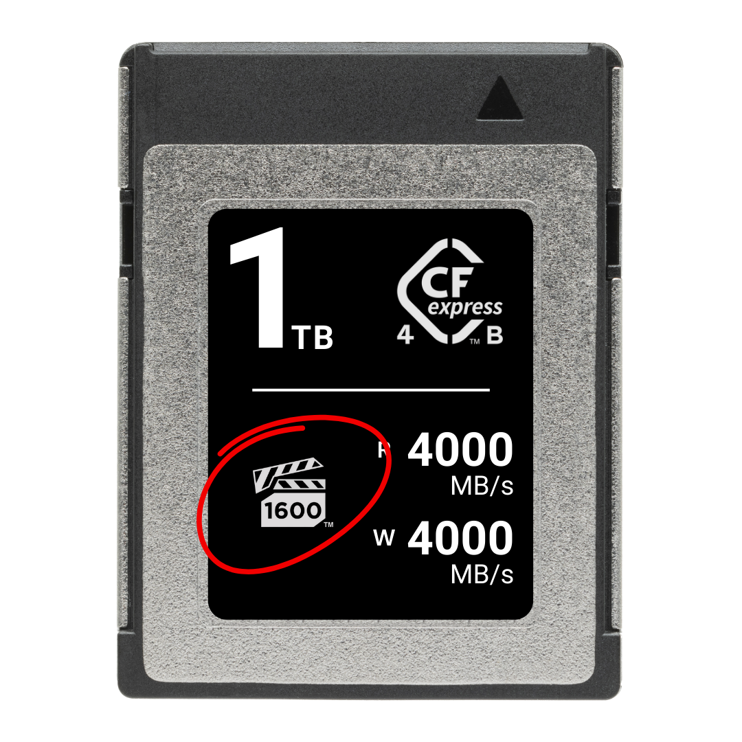 A generically labeled CFexpress card with the VPG1600 logo circled in red.