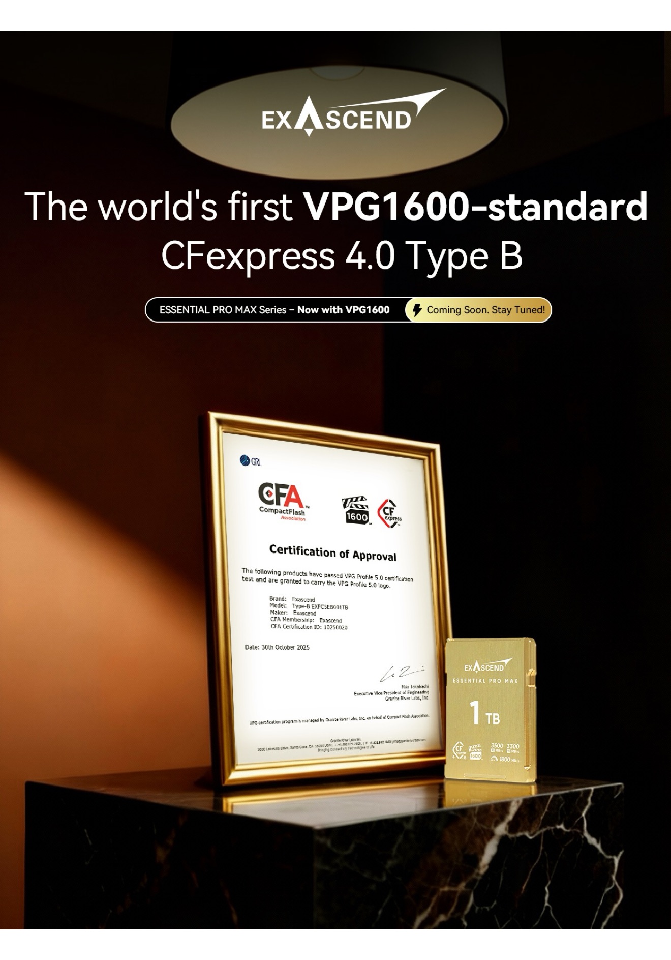 The worl's first VPG1600 standard CFexpress 4.0 Type B, by Exascend. A photo of the golden card standing next to the VPG certification by CFA.